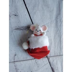 Vintage Flocked AVON Mouse Santa Hat Christmas Ornament ADORABLE